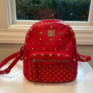 Designer inspired red and gold stud small leatherette backpack